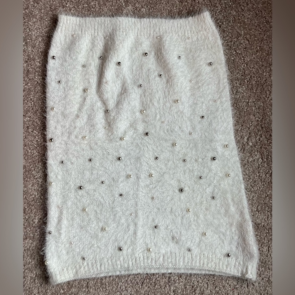 Betsey Johnson Cream Fuzzy Infinity Cowl Scarf with embellishments